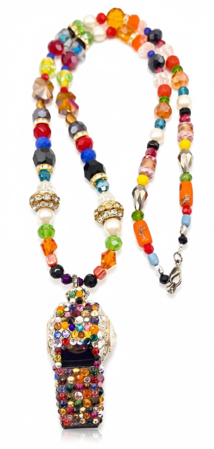 Colorful beaded necklace with a decorative watch pendant on a white background