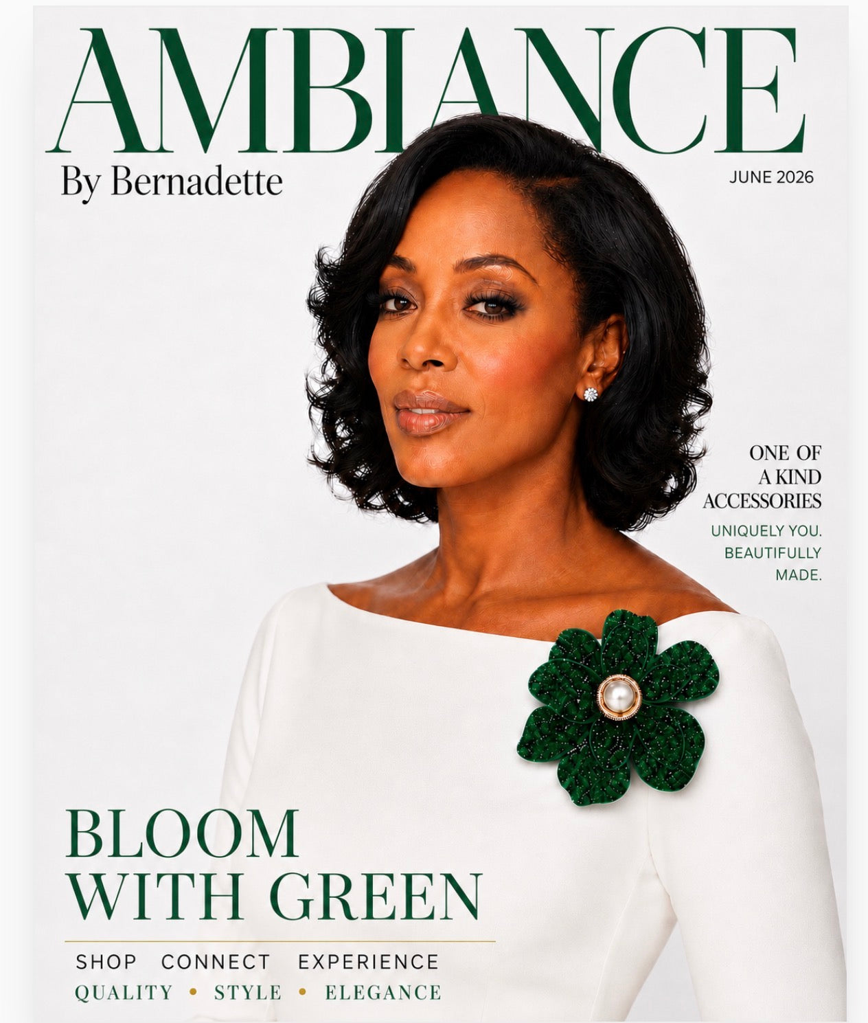 Magazine cover featuring a woman with a green flower accessory, titled 'Ambiance by Bernadette'.