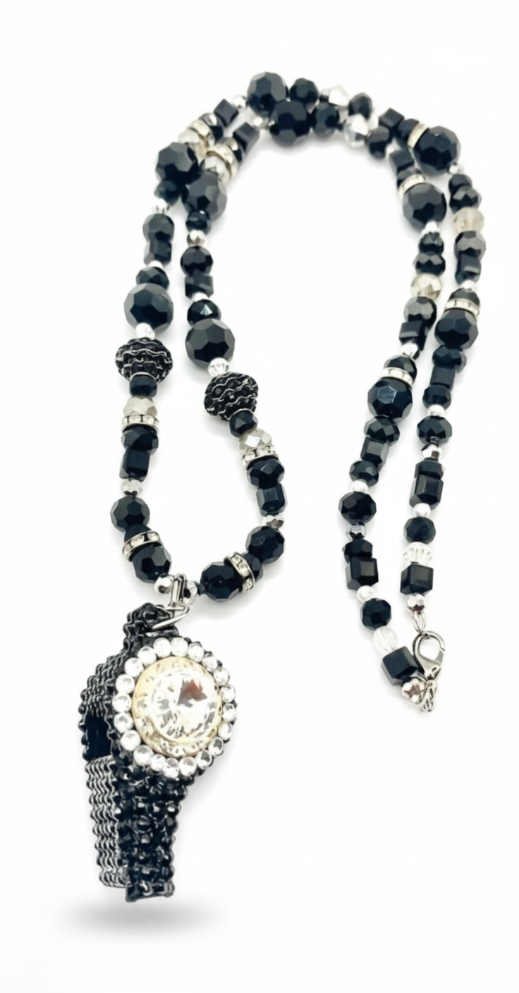 Austrian Crystal Jet/Clear Whistle Necklace