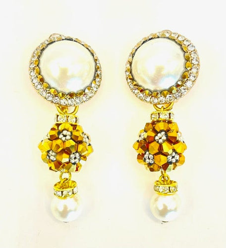 Ambiance by Bernadette Earrings Drop Pearl and Gold Beads Clip On Earrings