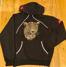 Load image into Gallery viewer, LEOPARD WINGS ON BACK BLACK HOODIE WITH CRYSTAL SHOELACE TIE
