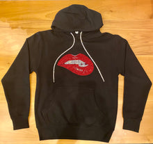 Load image into Gallery viewer, HOODIE-CRYSTAL LIPS/WINGS ON BACK/CRYSTAL LACE TIE
