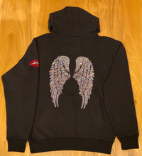 Load image into Gallery viewer, LEOPARD WINGS ON BACK BLACK HOODIE WITH CRYSTAL SHOELACE TIE

