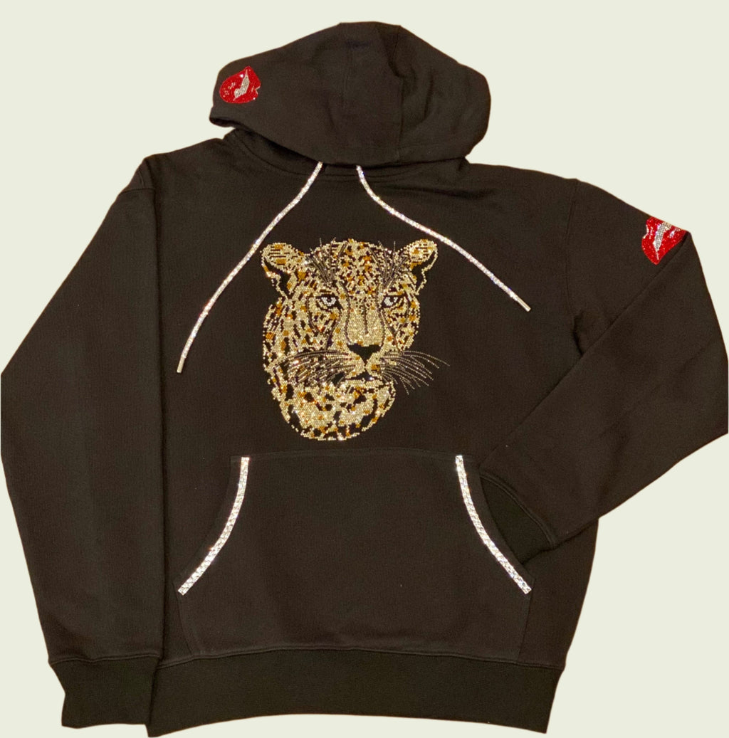 Ambiance by Bernadette Hoodie LEOPARD WINGS ON BACK BLACK HOODIE WITH CRYSTAL SHOELACE TIE