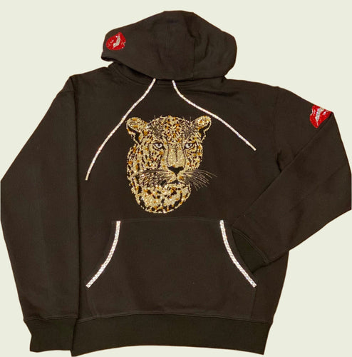 Ambiance by Bernadette Hoodie LEOPARD WINGS ON BACK BLACK HOODIE WITH CRYSTAL SHOELACE TIE