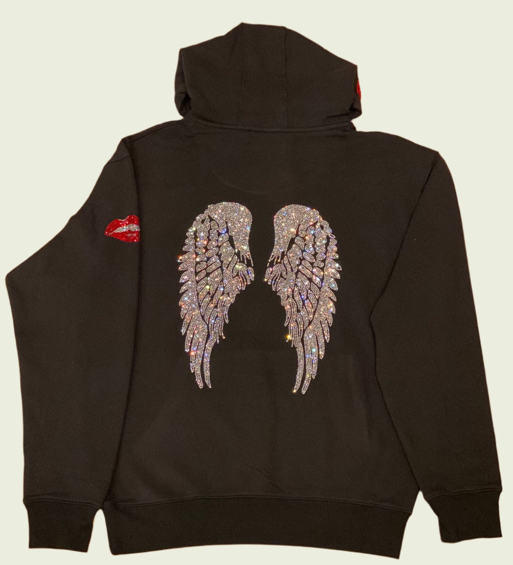 Ambiance by Bernadette Hoodie LEOPARD WINGS ON BACK BLACK HOODIE WITH CRYSTAL SHOELACE TIE