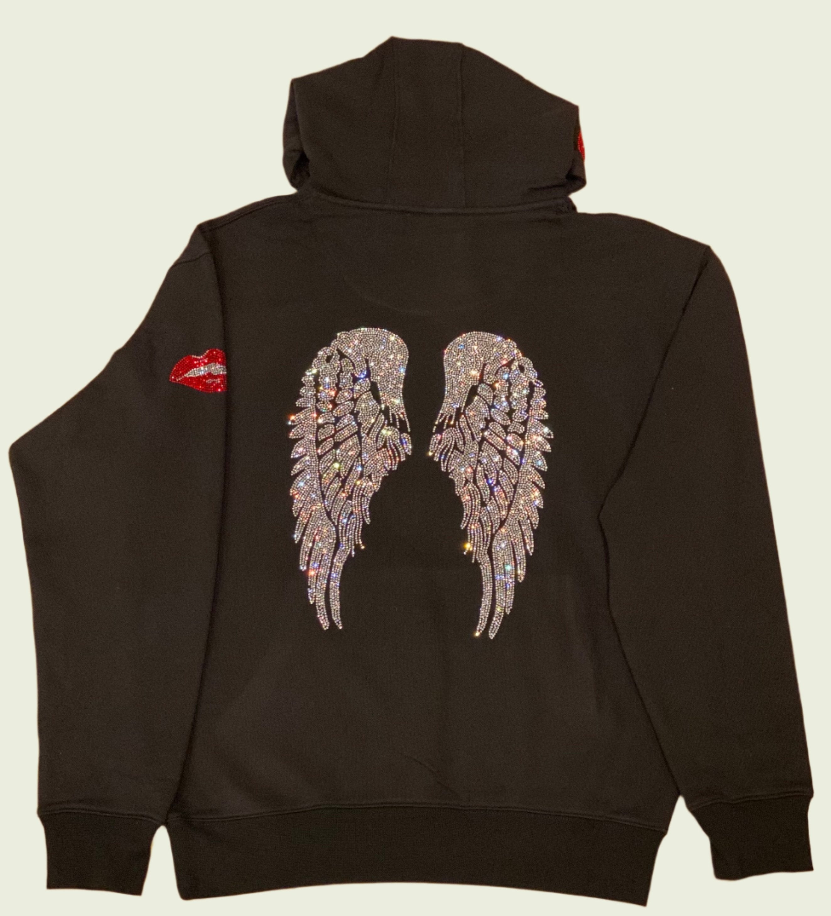 Ambiance by Bernadette Hoodie LEOPARD WINGS ON BACK BLACK HOODIE WITH CRYSTAL SHOELACE TIE